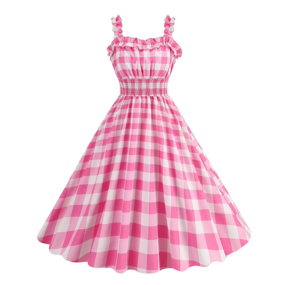 Elegant Pink Summer Plaid Dress Movie Barbi Pink Dress for Women Princess Robbie Lace-Up Dresses