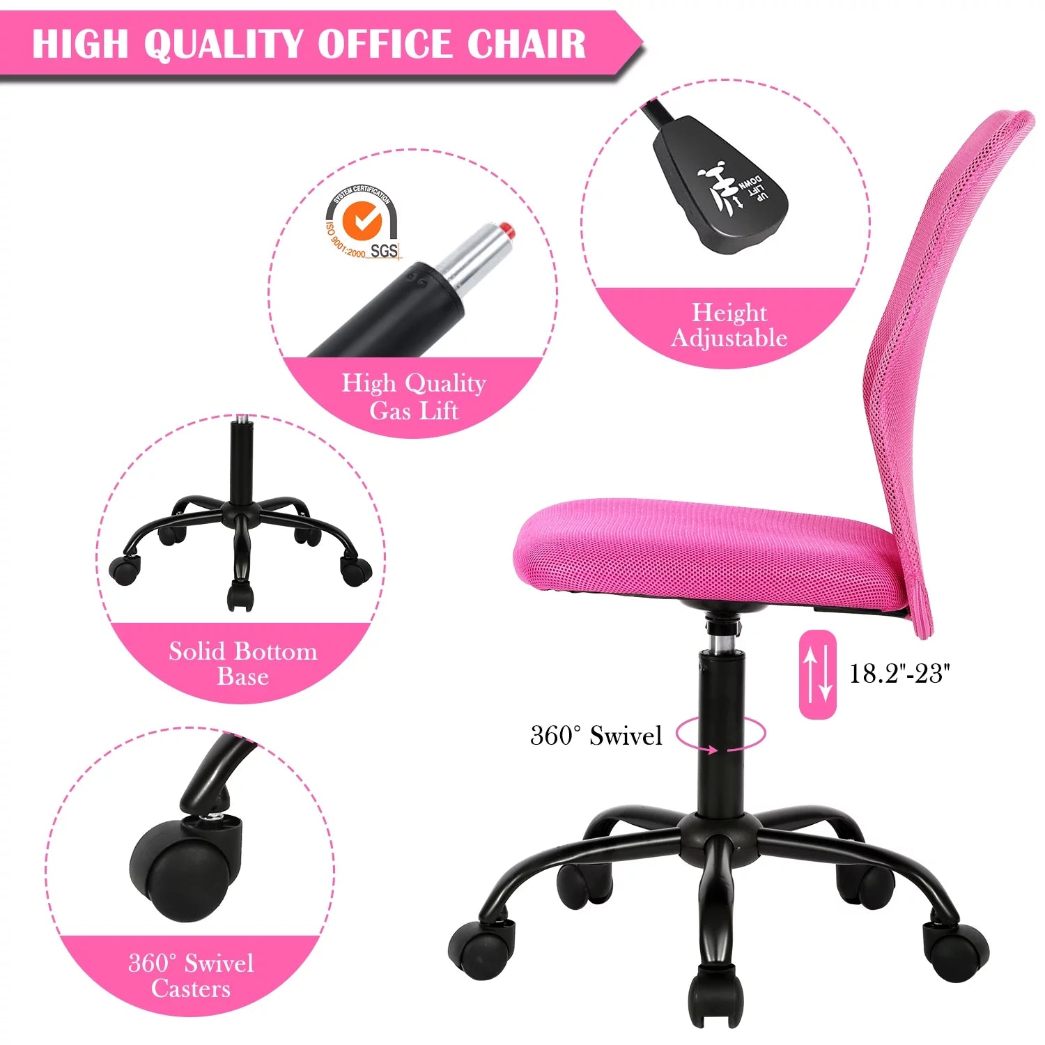 Pink Office Chair Adjustable Armless Mesh Computer Desk Chair with Lumbar Support, Ergonomic Mid Back Swivel Task Executive Chair, Pink
