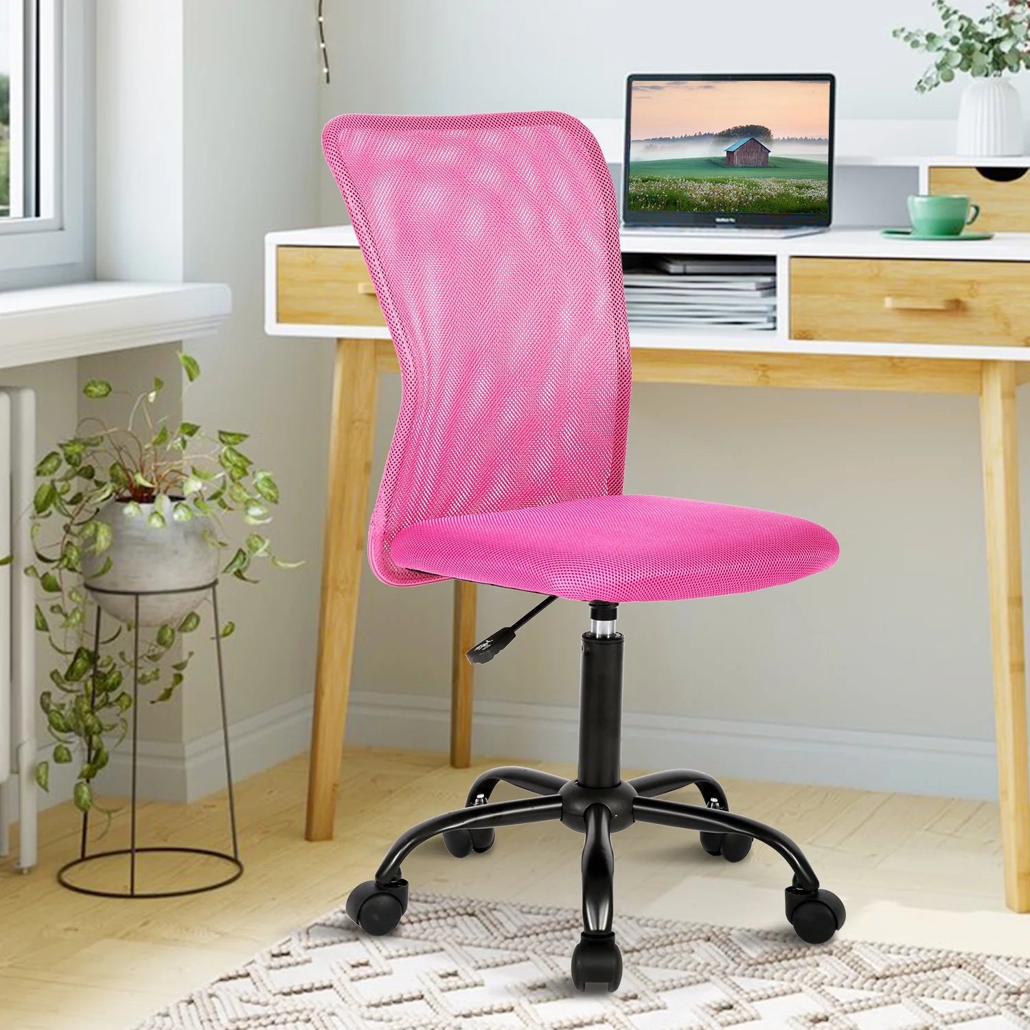 Pink Office Chair Adjustable Armless Mesh Computer Desk Chair with Lumbar Support, Ergonomic Mid Back Swivel Task Executive Chair, Pink
