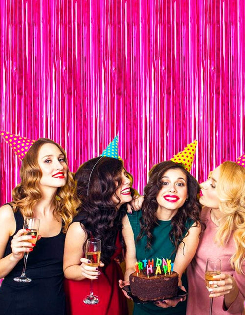 Load image into Gallery viewer, 2 Pcs 3.2Ft X 8.2Ft Shiny Hot Pink Metallic Tinsel Foil Fringe Curtains Photo Booth Backdrop for Birthday Wedding Holiday Celebration Bachelorette Party Decorations (Hot Pink)
