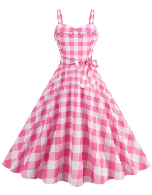 Load image into Gallery viewer, Elegant Pink Summer Plaid Dress Movie Barbi Pink Dress for Women Princess Robbie Lace-Up Dresses
