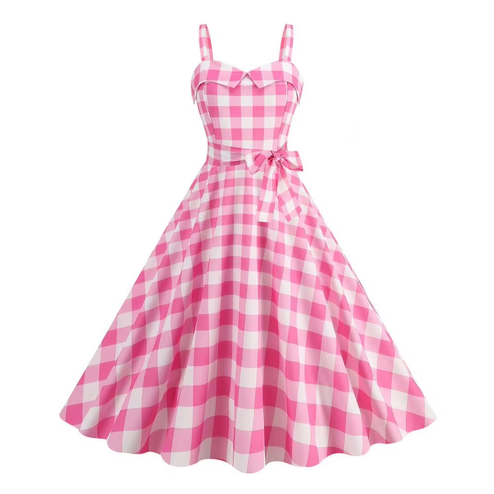 Elegant Pink Summer Plaid Dress Movie Barbi Pink Dress for Women Princess Robbie Lace-Up Dresses