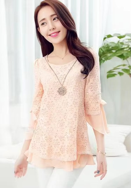 2019 Tunic Tops Cute Pink Lace Blouse Shirts Patchwork Women Summer Elegant Back Bow Tops Hollow Out Pink Floral Lace Blouse