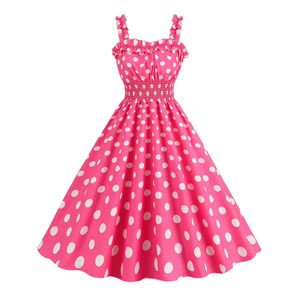 Elegant Pink Summer Plaid Dress Movie Barbi Pink Dress for Women Princess Robbie Lace-Up Dresses