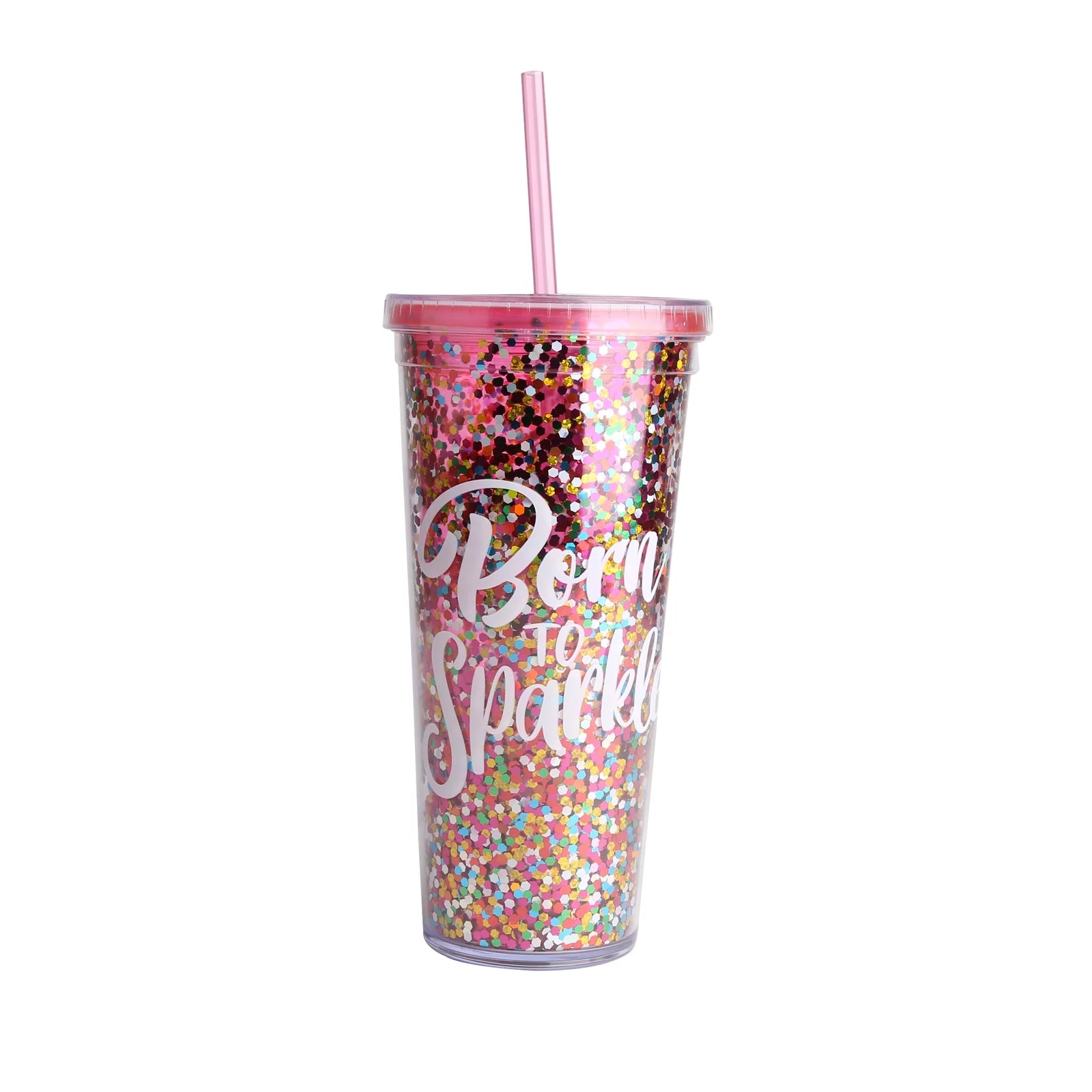 24Oz Plastic Tumbler with Straw , Pink Cup with Multi Color Glitter, Everyday