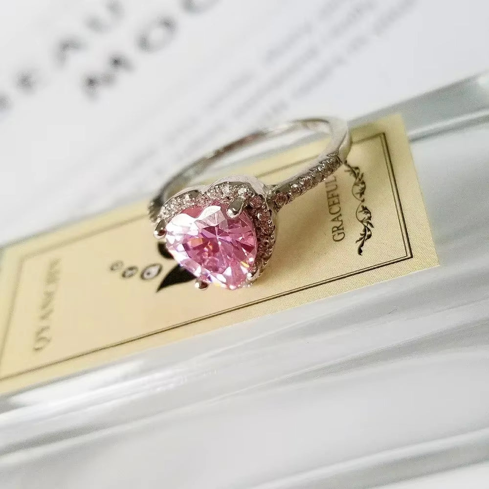 Pink Silver Color Cute Ring Finger Anel Aneis CZ Flower Ring for Women Jewelry Pure Wedding Engagement R1707-Pink