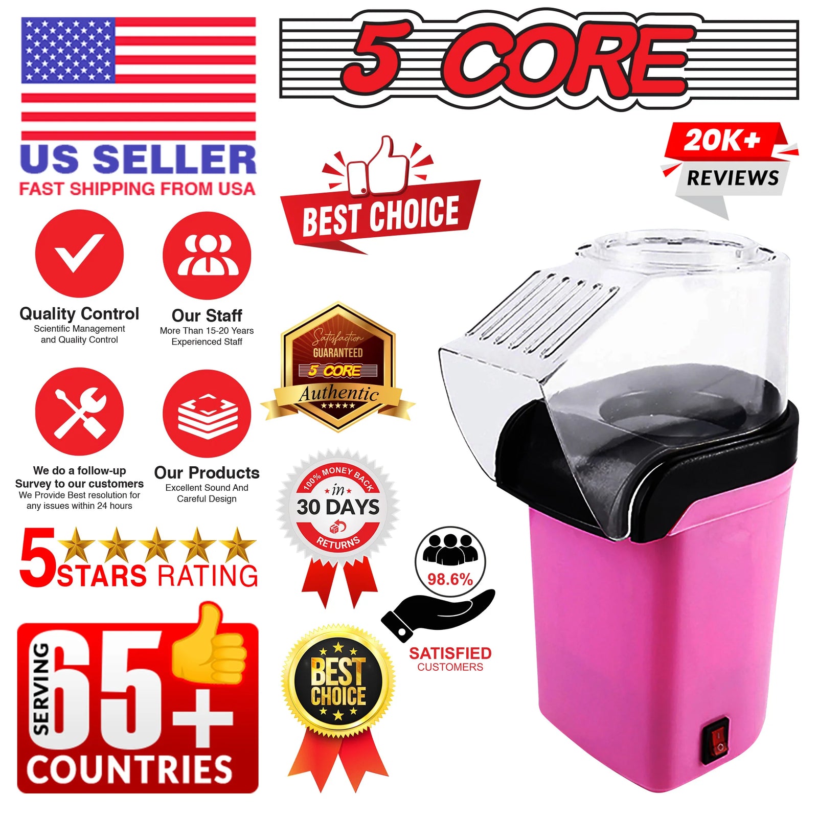 5Core Hot Air Popcorn Machine, 16 Cup, Electric Oil-Free Pop Corn Kernel Popper Bpa-Free Food Safe Pink