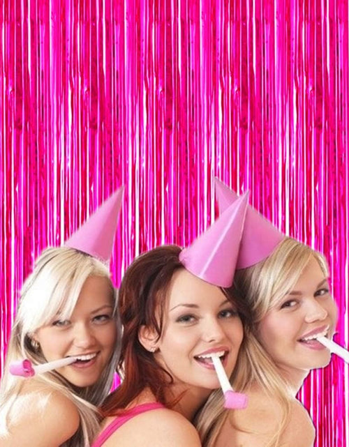 Load image into Gallery viewer, 2 Pcs 3.2Ft X 8.2Ft Shiny Hot Pink Metallic Tinsel Foil Fringe Curtains Photo Booth Backdrop for Birthday Wedding Holiday Celebration Bachelorette Party Decorations (Hot Pink)
