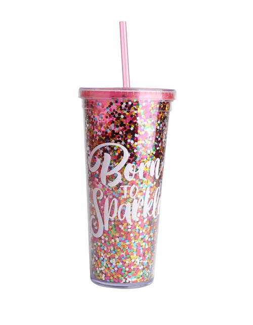 Load image into Gallery viewer, 24Oz Plastic Tumbler with Straw , Pink Cup with Multi Color Glitter, Everyday
