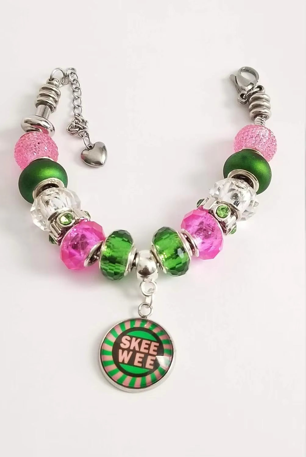 Greek Pink and Green European Style Bead Charm Bracelet