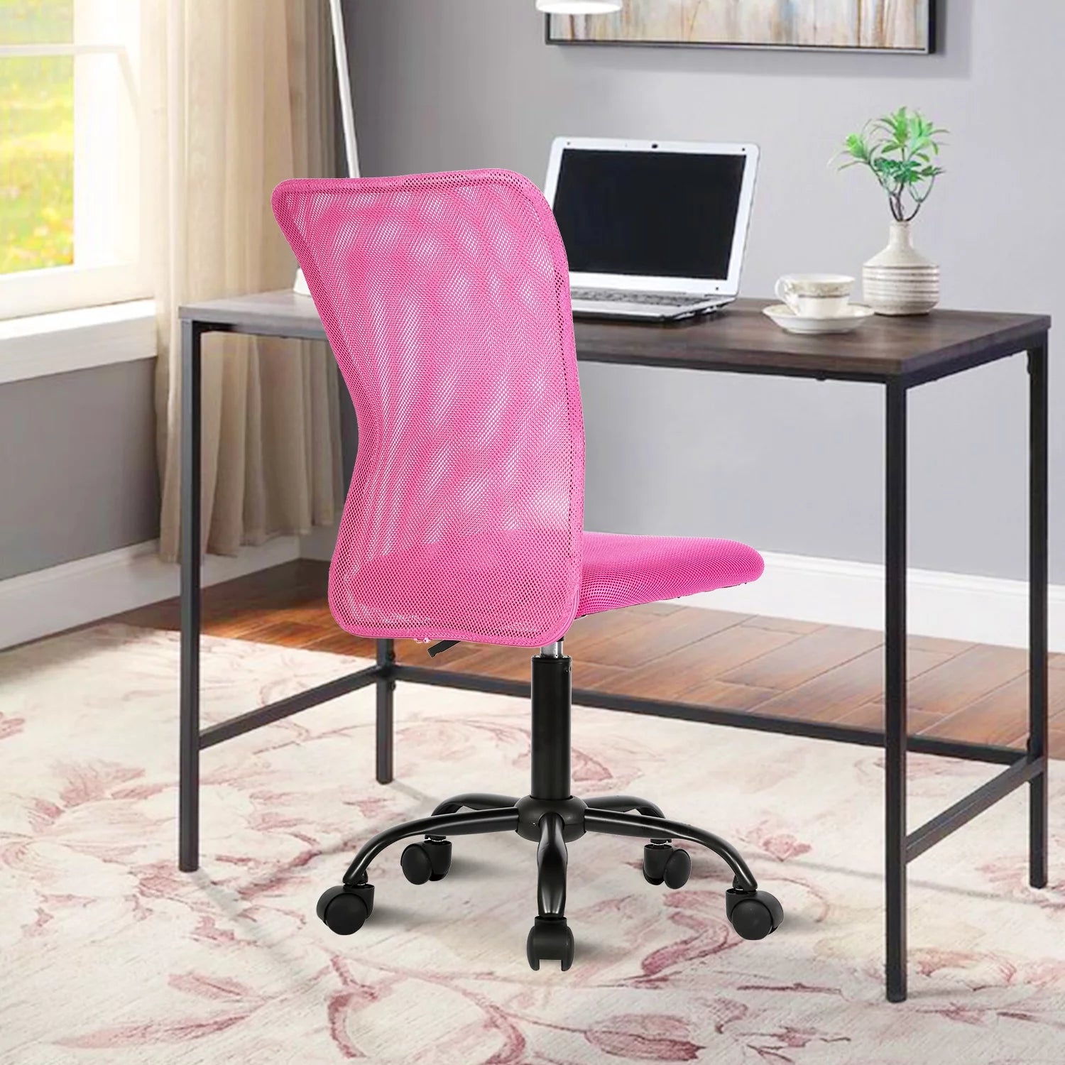 Pink Office Chair Adjustable Armless Mesh Computer Desk Chair with Lumbar Support, Ergonomic Mid Back Swivel Task Executive Chair, Pink