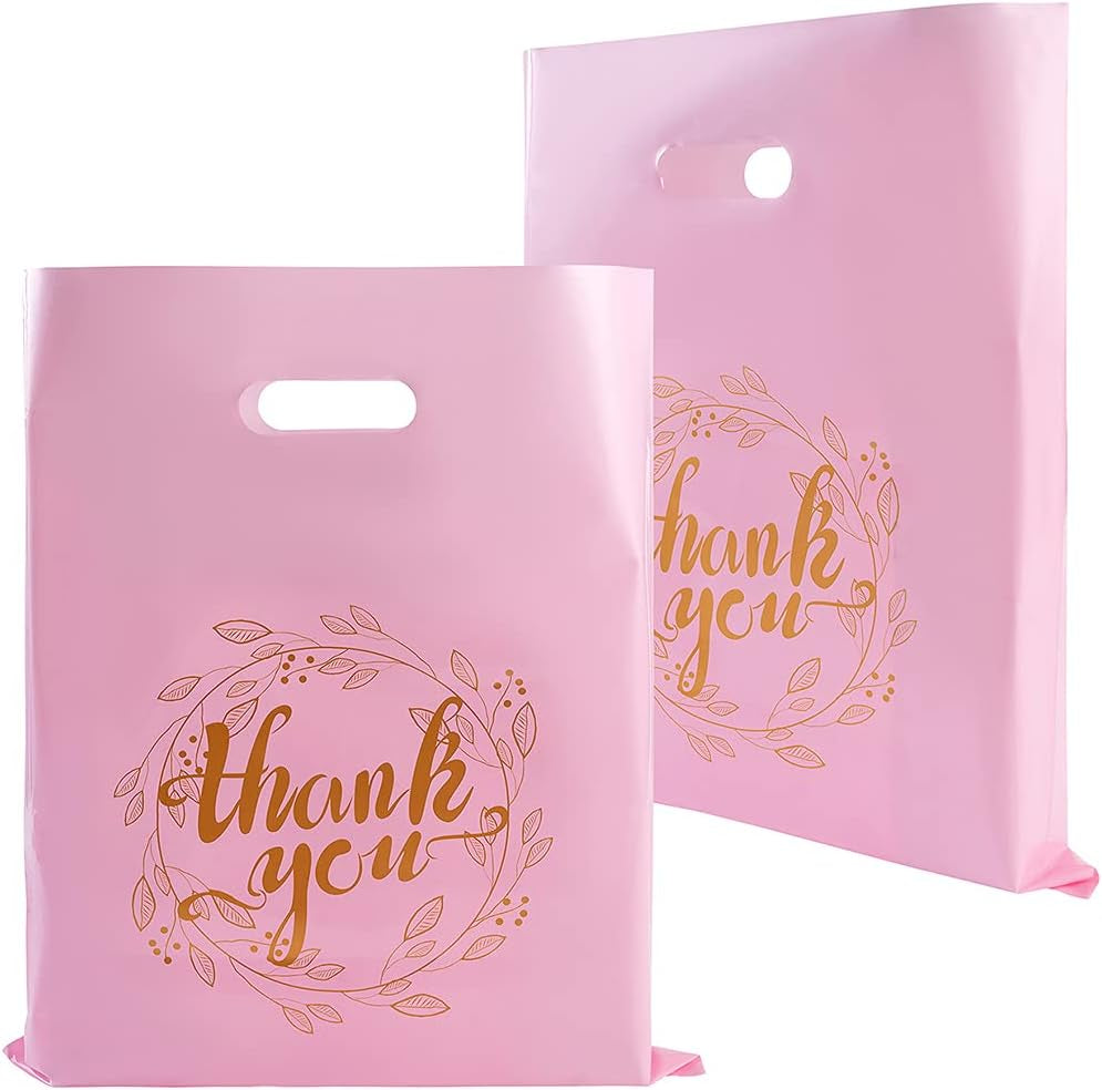 100 Pieces 12X15 Thank You Merchandise Bags Party Gift Bags Candy Bags for Boutique, Retail, Gift Bags, Clothes, Party Favors (Pink/Gold)