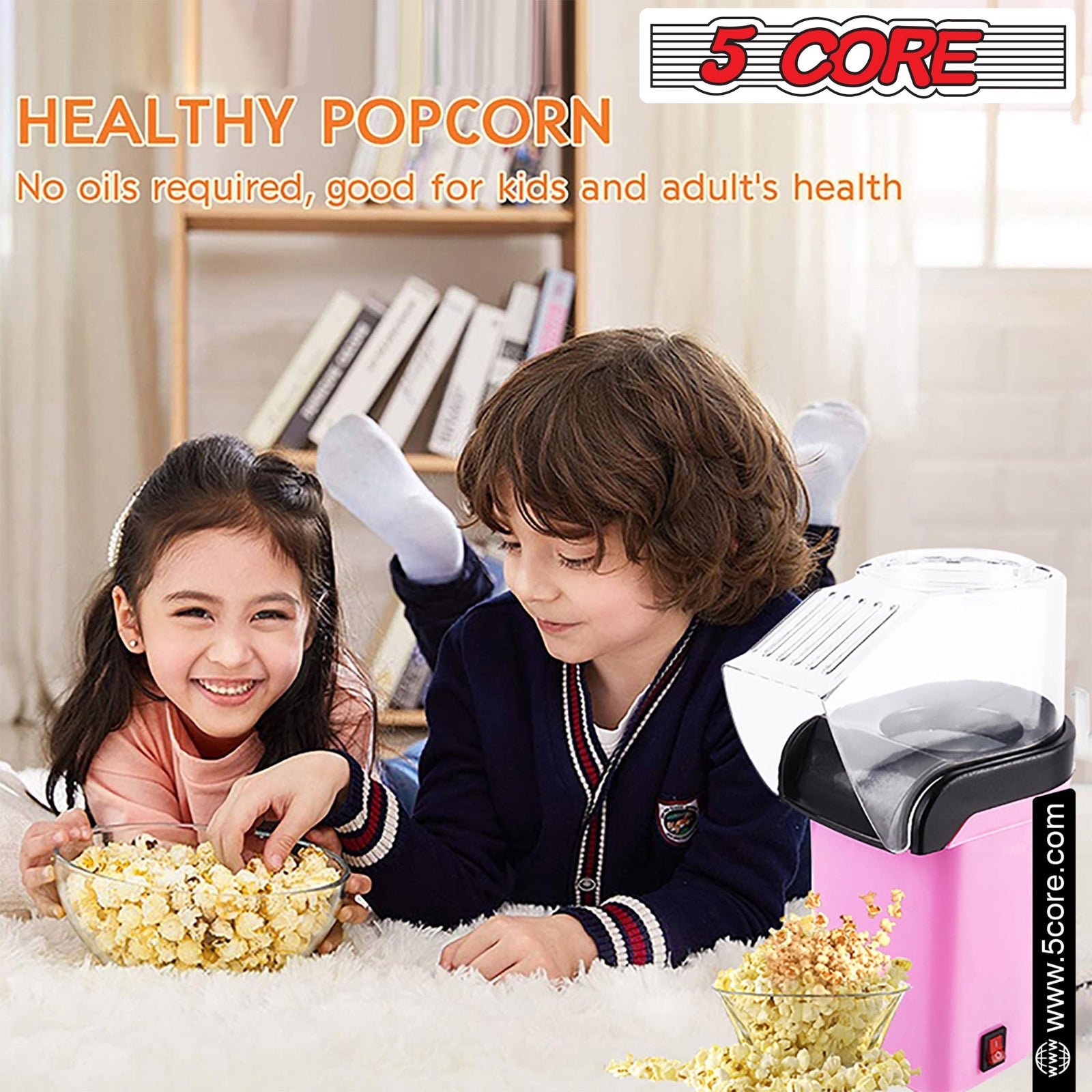 5Core Hot Air Popcorn Machine, 16 Cup, Electric Oil-Free Pop Corn Kernel Popper Bpa-Free Food Safe Pink
