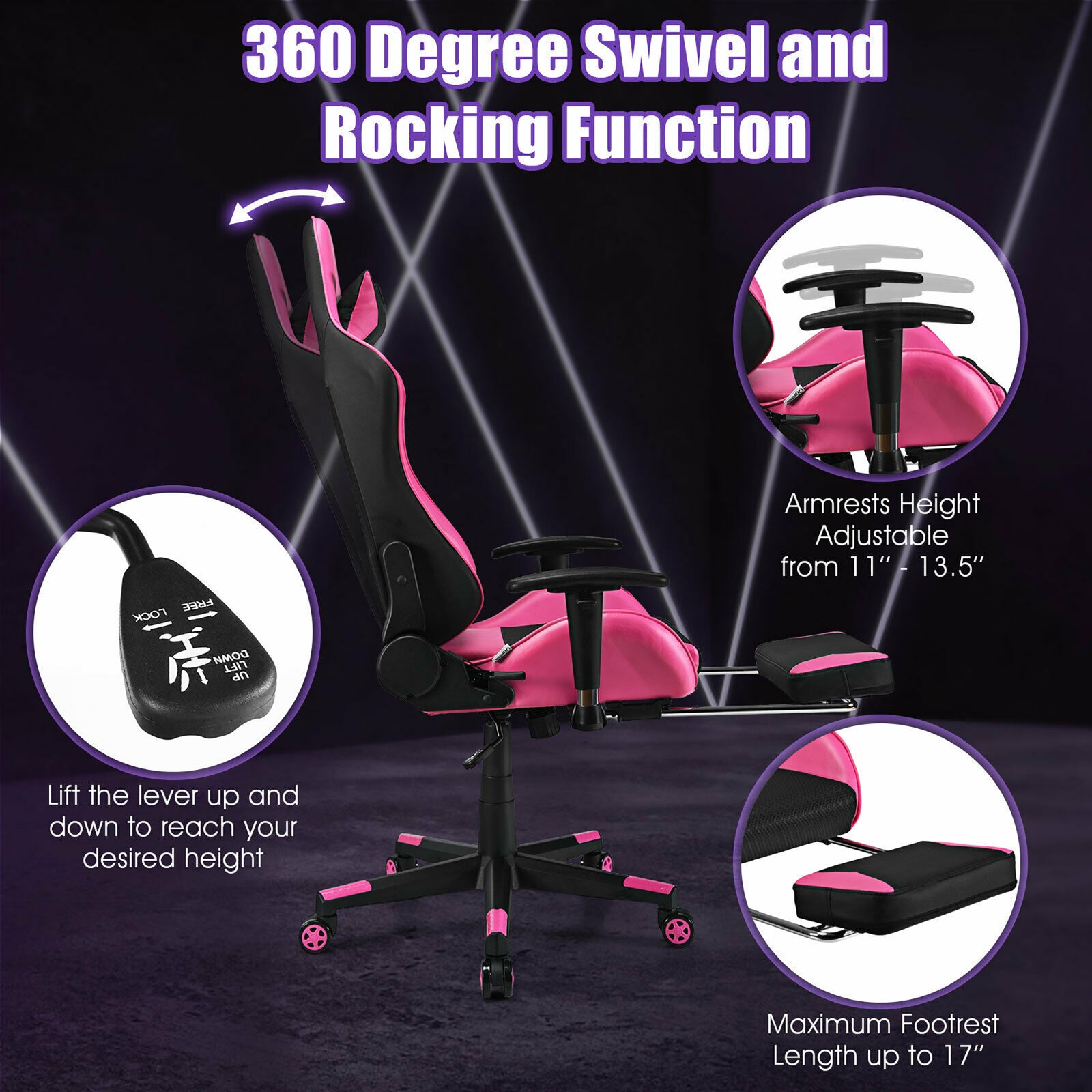 Massage Gaming Chair Reclining Racing Office Computer Chair with Footrest Pink